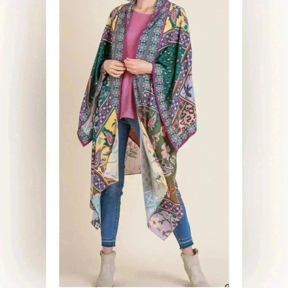 Umgee Jade Mixed Scarf Print Angel Sleeve Open Front Kimono Size M NWT - Picture 10 of 10